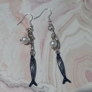 Silver Fish and Pearl Earrings